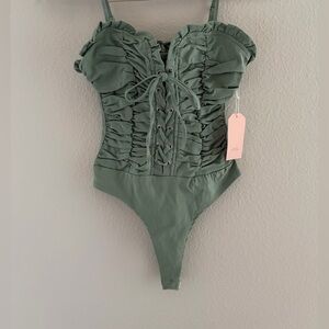 Ruched Lace-Up Olive Green Bodysuit